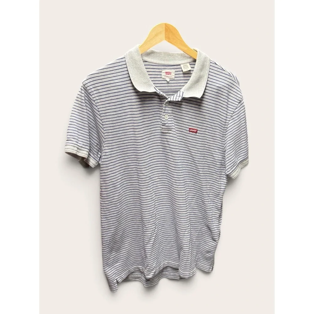 Levis Mens Gray Blue Striped Short Sleeve Cotton Pique Polo Shirt Size M